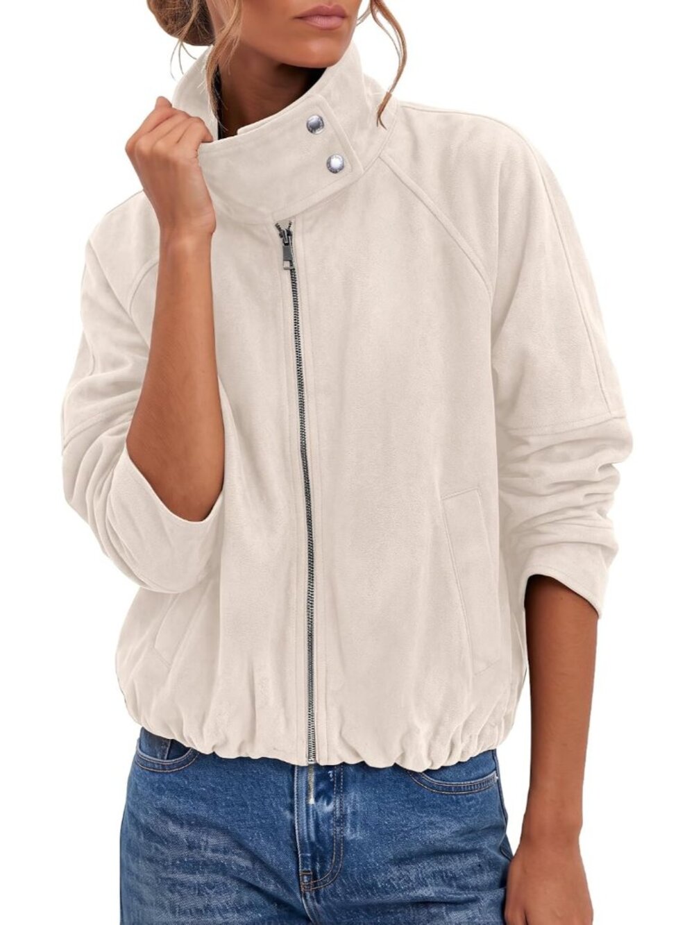 Women's Beige Funnel Neck Faux Suede Cropped Oversized ZIP Bomber Jacket